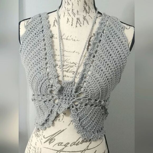 Handmade Crocheted Butterfly Festival Top 100% Cotton Grey 34-36B-C 6-8 - Picture 2 of 6